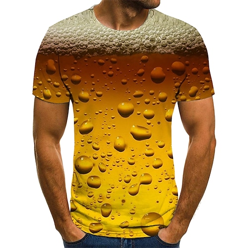 

Men's Tee T shirt Shirt 3D Print Graphic Beer Plus Size Round Neck Daily Going out Pleated Print Short Sleeve Tops Streetwear Exaggerated Comfortable Big and Tall Gold Red Yellow / Summer