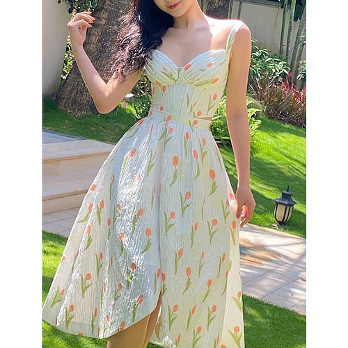 

A-Line Prom Dresses Floral Dress Holiday Tea Length Sleeveless Spaghetti Strap Polyester with Pattern / Print Splicing 2022