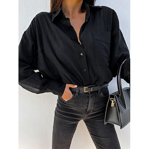 

Mujer Camisa Blusa Negro Blanco Rosa polvorienta Plano Botón Bolsillo Manga Larga Diario Fin de semana Ropa de calle Casual Cuello Camisero Regular S