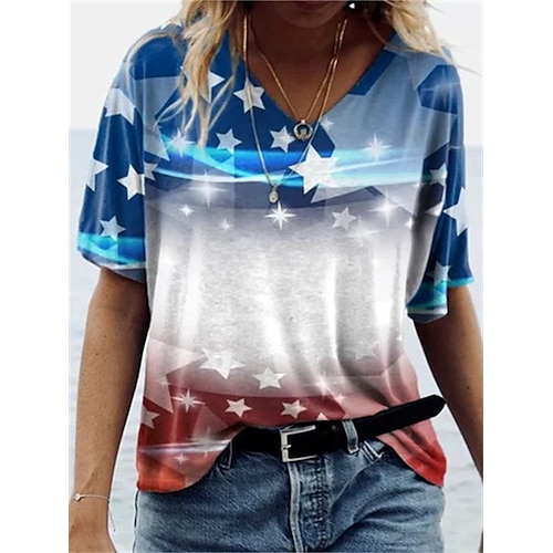 

Women's T shirt Tee Rainbow Flag Print Short Sleeve Independence Day Basic V Neck Regular S / 3D Print