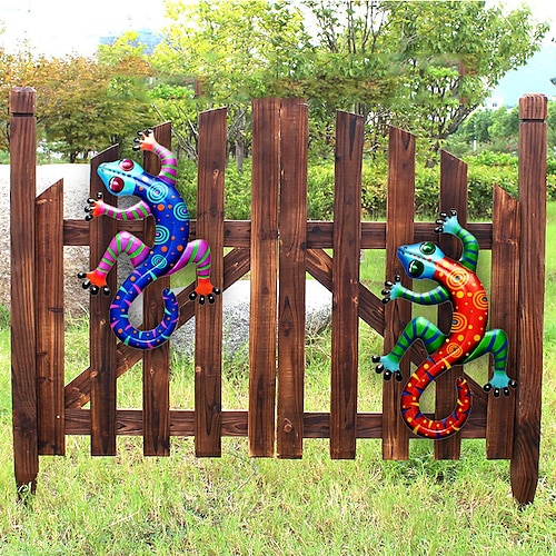 

Colorful Metal Gecko Decor Wall Sculptures Ornaments Garden Art for Patio Porch Fence Backyard Outdoor Lucky Hanging Decoration
