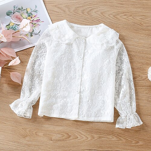

Kids Girls' Shirt Solid Color Outdoor Long Sleeve Lace Adorable Cotton 3-6 Years Spring White
