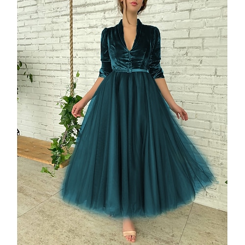 

Ball Gown Cocktail Dresses Elegant Dress Party Wear Ankle Length Half Sleeve V Neck Tulle with Sash / Ribbon Buttons Splicing 2022