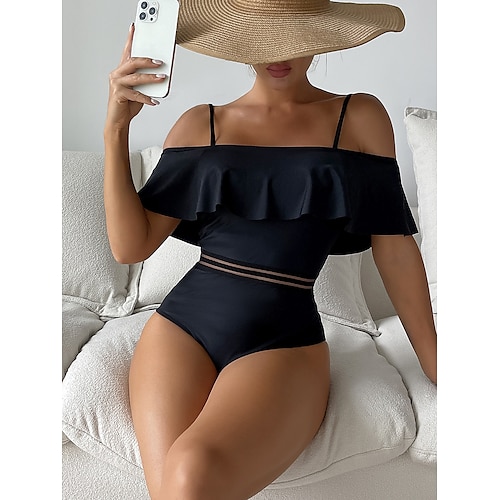 

Women's Swimwear One Piece Monokini Bathing Suits Normal Swimsuit Tummy Control Off Shoulder Splice Solid Color Black Padded Strap Bathing Suits Sexy Beach Wear Vacation / New / Padded Bras