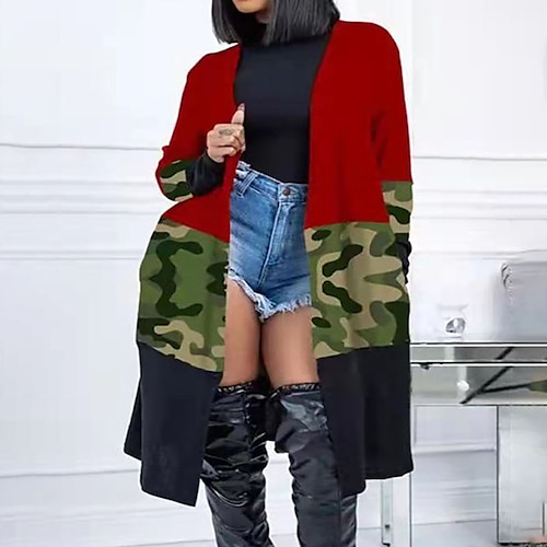 

Femme Grande taille Manteau Poche Imprimer Bloc de couleur Camouflage Extérieur Casual manche longue Col V Longue Hiver Automne Rouge XL XXL 3XL 4XL