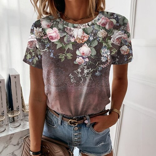 

Women's T shirt Tee Pink Purple Green Floral Print Short Sleeve Casual Holiday Basic Round Neck Regular Floral Painting S