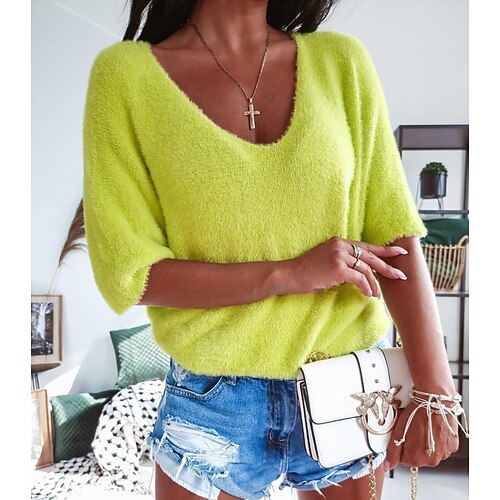 

Women's T shirt Tee Yellow Plain Short Sleeve Casual Weekend Basic V Neck Regular S
