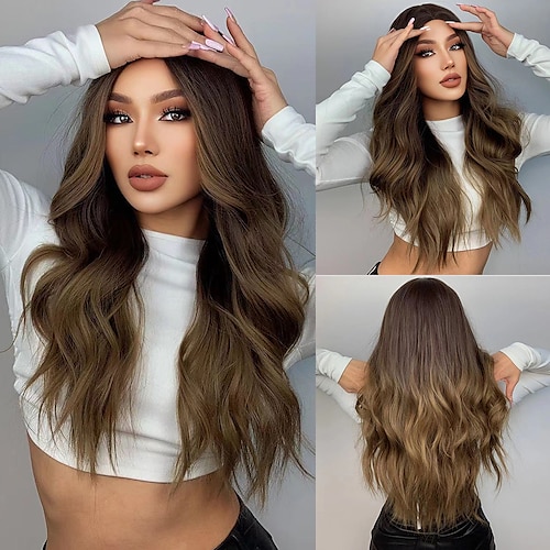 

HAIRCUBE Long Body Wave Wigs Ombre Black Ash Brown Blonde Synthetic Wig Cosplay Middle Part Natural Heat Resistant Wig for Women