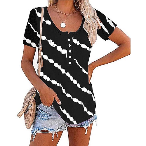 

summer women's fashion trend round neck casual diagonal stripe button short-sleeved t-shirt