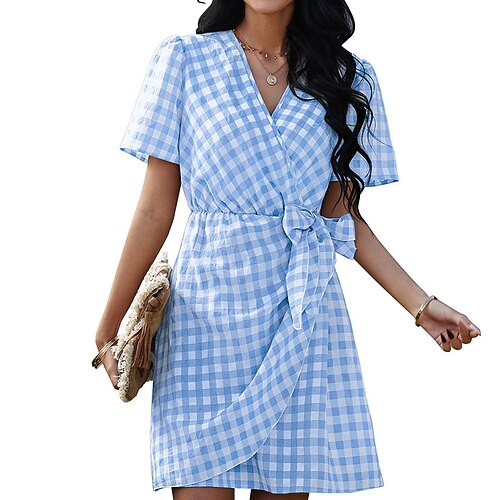 

Women's A Line Dress Short Mini Dress Green Blue Khaki Yellow Short Sleeve Plaid Print Spring Summer V Neck Stylish Casual 2022 S M L XL