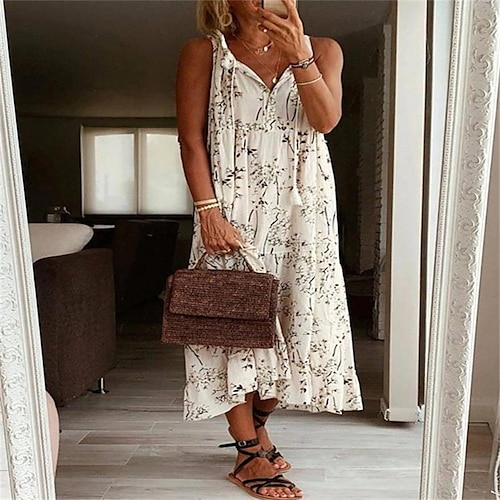 

Women's Casual Dress Midi Dress Beige Sleeveless Floral Print Spring Summer V Neck Loose Fit 2022 S M L XL XXL