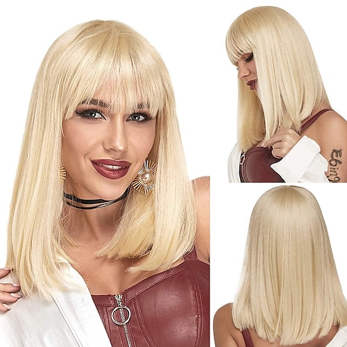 

Blonde Wigs with Bangs 14 Inch Blonde Short Wavy Wig With Bangs Short Straight Hair Platinum 613 Blonde Wig Ladies Blonde Synthetic Wig for Everyday Wear Party