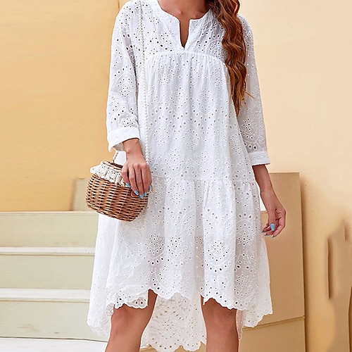 

Women's Casual Dress Swing Dress White Dress Midi Dress White 3/4 Length Sleeve Pure Color Hollow Out Winter Fall Autumn V Neck Vacation Loose Fit 2022 S M L XL XXL / Cotton