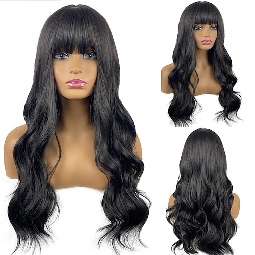 

Black Wig With Bangs Long Wavy Wig With BangsBlack wave Wig for Women Natural Looking Heat Resistant Synthetic Curly Hair Wigs for Daily