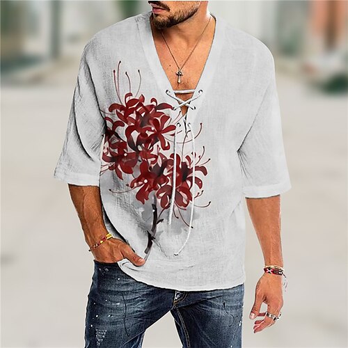 

Men's Shirt Graphic Shirt Floral V Neck Gray 3D Print Outdoor Casual 3/4 Length Sleeve Drawstring 3D Print Clothing Apparel Fashion Designer Casual Comfortable / Sports