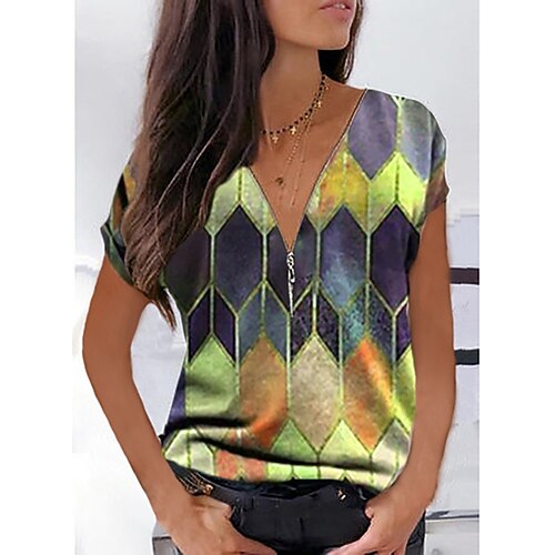 

Women's T shirt Tee Blue Purple Pink Geometric Quarter Zip Print Short Sleeve Casual Weekend Basic V Neck Regular Geometric Painting S / 3D Print