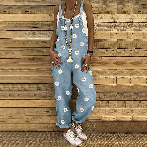

Women's Overall Print Floral Square Neck Casual Street Daily Regular Fit Sleeveless Blue Black Gray S M L Spring