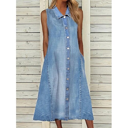 

Women's Denim Dress Midi Dress Blue Sleeveless Pure Color Ruched Spring Summer Shirt Collar 2022 S M L XL XXL 3XL