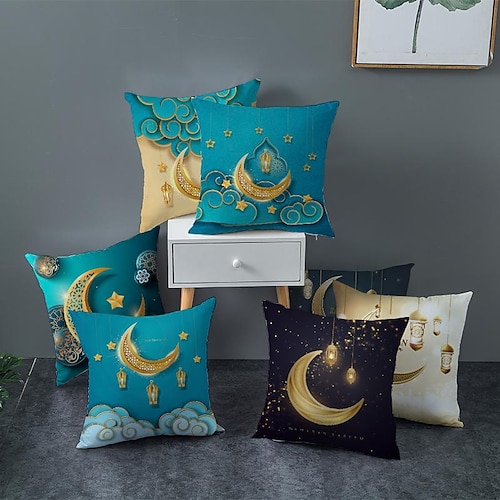 

Ins Ramadan Pillowcase Starry Moon Eid Al-fitr Bedside Cushion Pillowcase Peach Skin Pillowcase Gold Moon Print Cushion Pillowcase
