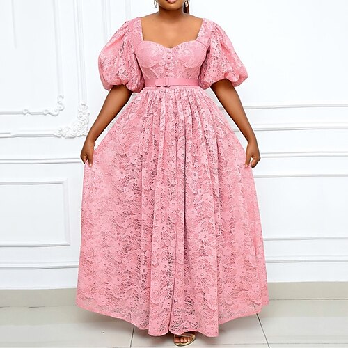 

Women's Plus Size Party Dress Floral Square Neck Lace Half Sleeve Fall Winter Elegant Formal Prom Dress Maxi long Dress Party Date Dress / Homecoming Dress