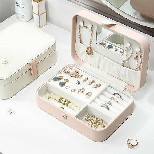 

Stud Earrings Jewelry Box Korean Travel Portable PU Simple Mirror Necklace Lipstick Ring Storage Box