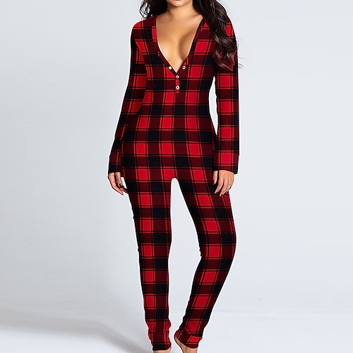 

Women's Pajamas Jumpsuits Nighty 1 PCS Grid / Plaid Simple Fashion Comfort Home Daily Bed Polyester Breathable Gift V Wire Long Sleeve Print Fall Spring Green Purple