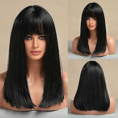 

Natural Black Medium Straight Bob Wig Cosplay Party Lolita Women Synthetic Wigs with Bangs Heat Resistant Fibre