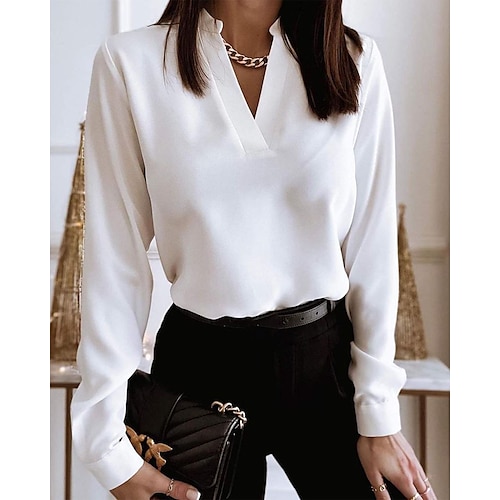 

Women's Blouse Shirt Green Red White Plain Long Sleeve Daily Work Streetwear V Neck Regular S