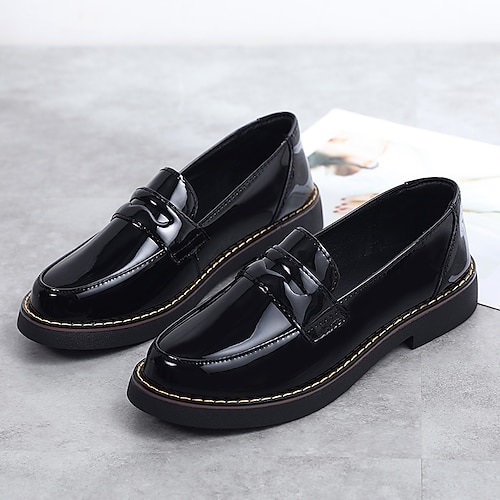 

Women's Loafers Work Daily Penny Loafers Classic Loafers Chunky Heel Round Toe Casual British Minimalism PU Leather Loafer Solid Colored Black