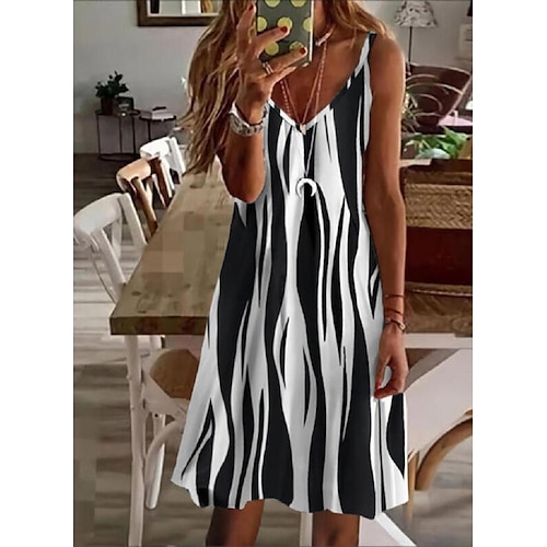 

Women's Midi Dress Black and white stripes Sleeveless Striped Print Spring Summer V Neck Classic Party 2022 S M L XL XXL 3XL