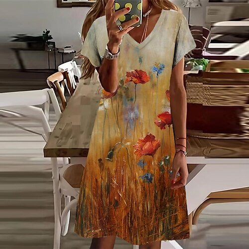 

Women's Casual Dress Shift Dress Midi Dress Yellow Short Sleeve Floral Print Spring Summer V Neck Modern Loose Fit 2022 S M L XL XXL 3XL