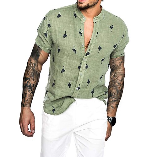 

Men's Shirt Graphic Shirt Flamingo Turndown Green Blue Party Outdoor Short Sleeve Button-Down Clothing Apparel Cotton Vintage Streetwear Designer Casual / Summer / Summer