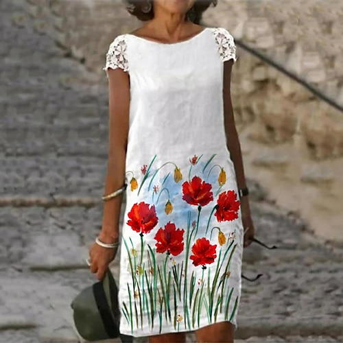 

Women's Shift Dress Midi Dress White Short Sleeve Floral Lace Spring Summer Crew Neck Loose Fit 2022 S M L XL XXL