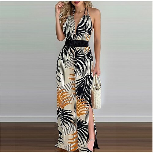 

Combinaison Femme Dos Nu Imprimer Floral Col V Vêtement de rue Plein Air du quotidien Standard Sans Manches Vert S Printemps