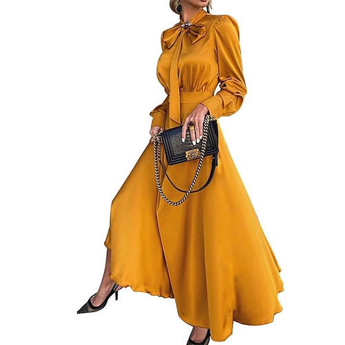 Casual Long Sleeve Midi Dresses Elegant Vintage Classy Outfits Women 2022  Fashion Spring Autumn Long Sleeve Satin Yellow Long Sleeve Midi Dress Chic  Maxi From Maonidayi, $21.56