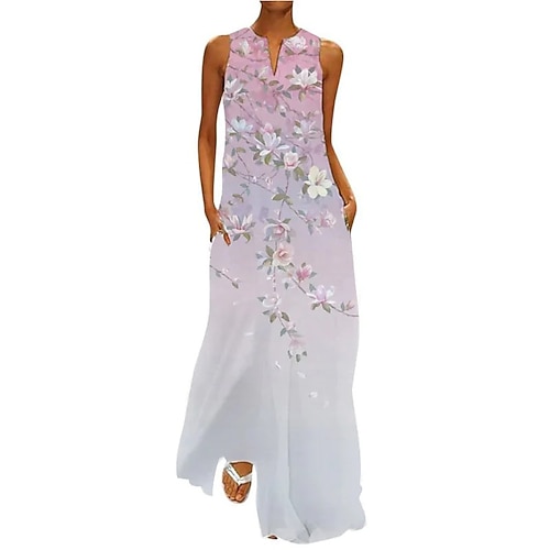 

Women's Shift Dress Long Dress Maxi Dress Green Pink White Sleeveless Floral Pocket Spring Summer V Neck Weekend 2022 S M L XL XXL 3XL