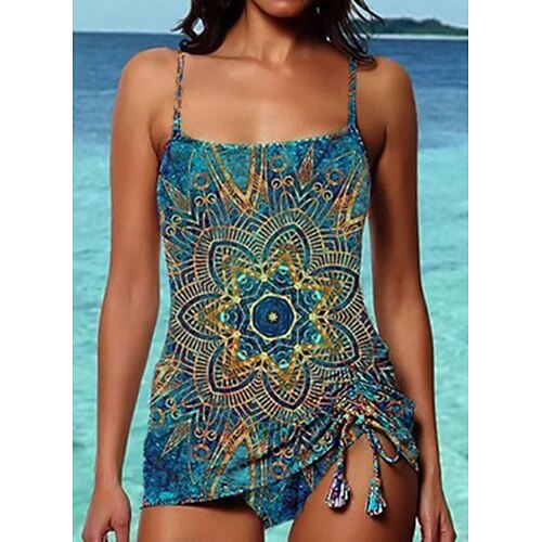 

Women's Swimwear Tankini 2 Piece Swimsuit Open Back Flower Blue Camisole Strap Bathing Suits New Vacation Fashion / Modern / Padded Bras