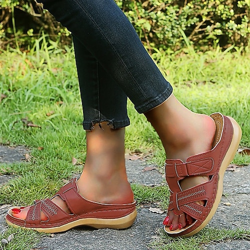 

Women's Sandals Outdoor Daily Wedge Sandals Summer Buckle Wedge Heel Open Toe Casual Walking Shoes Faux Leather Loafer Solid Colored Wine Black Blue