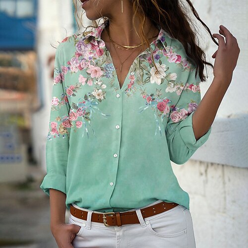 

Women's Blouse Shirt Green Blue Pink Floral Button Print Long Sleeve Holiday Weekend Streetwear Casual Shirt Collar Regular Floral S