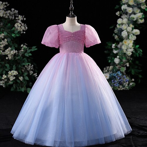 

Kids Little Girls' Dress Sequin A Line Dress Party Christening dress Ruched Mesh Blue Pink Maxi Short Sleeve Princess Sweet Dresses Summer Regular Fit 3-12 Years