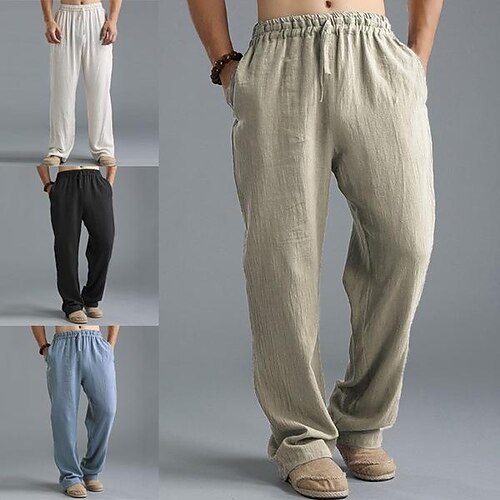 

Men's Cotton Linen Drawstring Pants Elastic Waist Casual Loose Beach Yoga Pants Summer Quick Dry Lightweight Breathable Bottoms