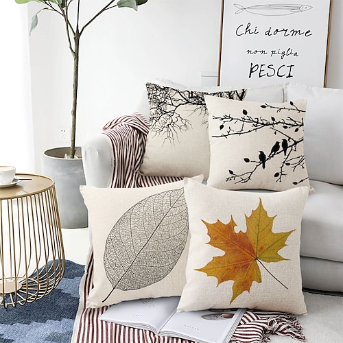 

Simple Leaves 4 pcs Pillow Cover, Rustic Square Traditional Classic Cotton / Faux Linen Home Sofa Decorative Outdoor Cushion for Sofa Couch Bed Chair