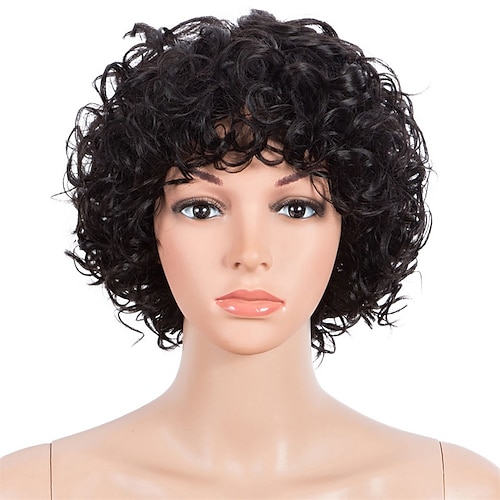 Human Hair Wig Curly With Bangs Black Soft Women Easy dressing