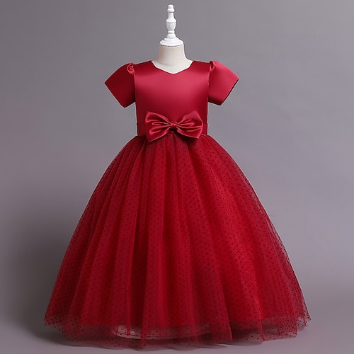 

Kids Girls' Dress Plain Tulle Dress Maxi Dress Party Bow Short Sleeve Cute Dress 4-13 Years Spring Blue Purple Pink