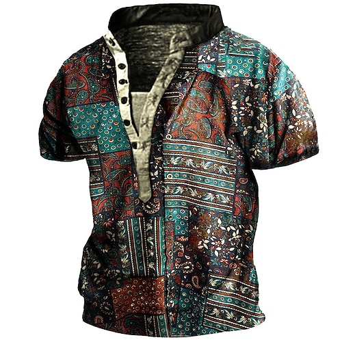 

Homens Camiseta Camisa Henley Camisetas Gráfico Tribal Henley Azul Impressão 3D Ao ar livre Casual Manga Curta Botão para baixo Imprimir Roupa Vintage Esportes Moda Retro / Verão / Verão