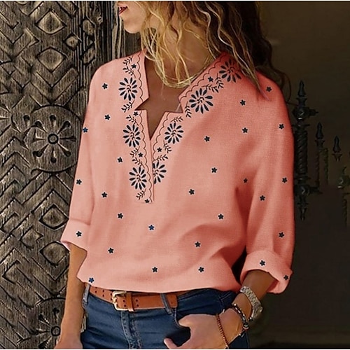 

Mulheres Camisa Social Blusa Tops de ilhas brancas Rosa Floral Imprimir Manga Longa Feriado Final de semana Roupa de rua Casual Decote V Padrão Tema Flores S