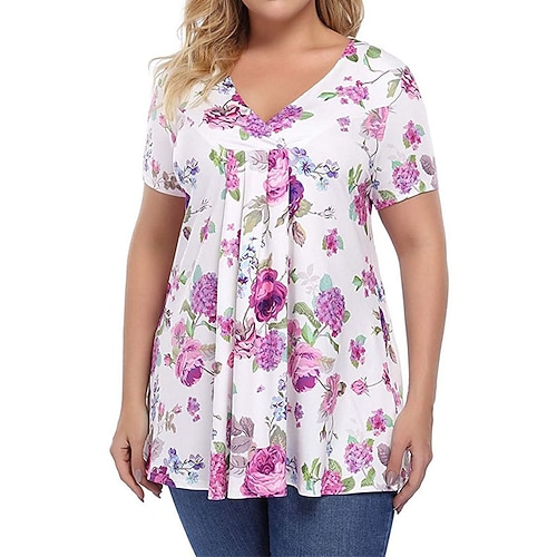 

Women's Plus Size Tops T shirt Floral Striped Ruched Print Short Sleeve V Neck Streetwear Daily Going out Polyester Spring Summer White Black