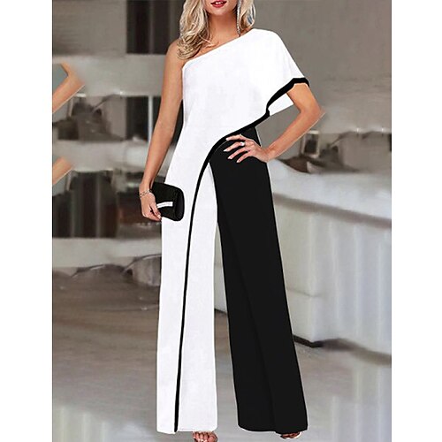 

Women's Jumpsuit Patchwork Color Block One Shoulder Elegant Daily Vacation Wide Leg Regular Fit Short Sleeve Black S M L Spring