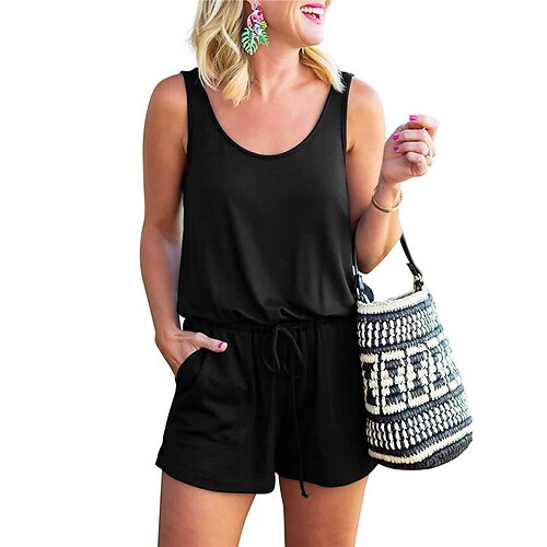 

Women's Romper Pocket Solid Color U Neck Streetwear Street Daily Regular Fit Sleeveless Wine Army Green Navy Blue S M L Spring