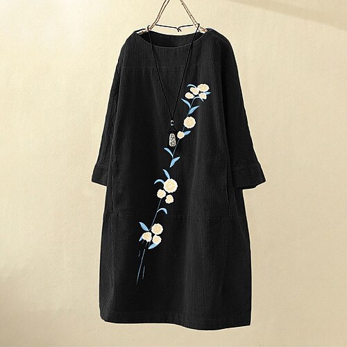 

Women's Plus Size Holiday Dress Floral Crew Neck Long Sleeve Fall Winter Casual Knee Length Dress Daily Vacation Dress / Cotton
